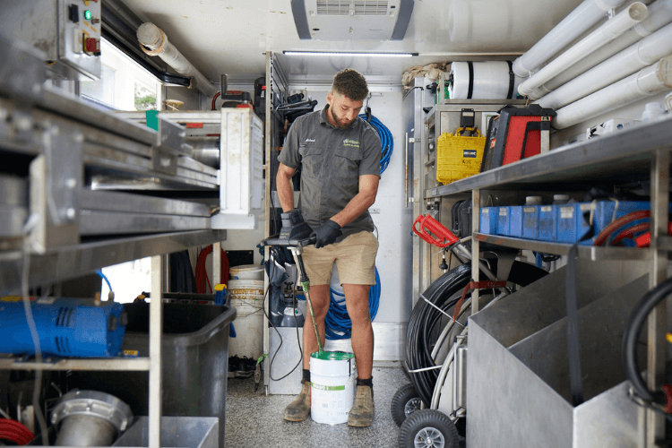 Relining employee inside work vehicle