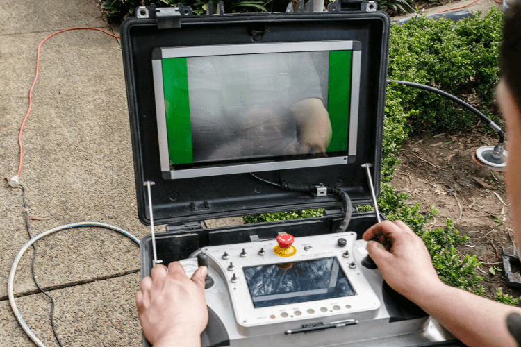 man using drain inspection camera